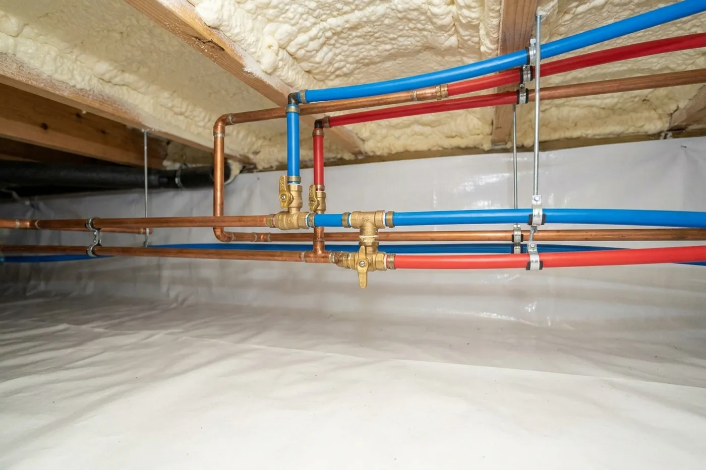 Crew installing sealed vapor barrier liner during a Richmond crawl space encapsulation
